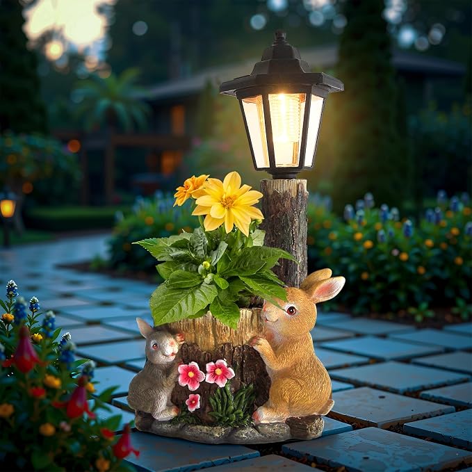Solar Bunny Statue Outdoor, Rabbits Figurine with Flowerpot & Lantern | Garden Sculptures for Yard Art Lawn Ornaments Porch Patio Balcony - Gardening Gifts for Women Mom