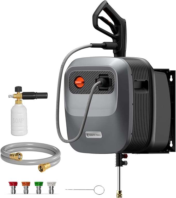 Giraffe Tools Pressure Washer Pivoting Coupler, 7 Angles Gutter Cleaner Attachment and Grandfalls Pressure Washer G20 Pro, 2500 PSI 2.2 GPM, 180° Wall Mount, Auto-Retract with 65FT Hose
