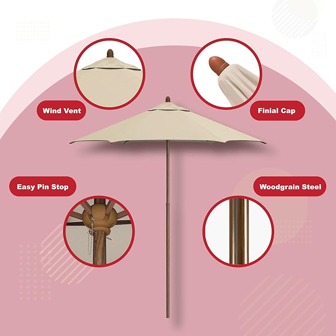Sunline 7.5 ft Faux- Wood Patio Umbrella, Push Open Pin Stop Outdoor Market Umbrella with UV Protection & Wind Vent, Metal Frame for Deck, Pool & Table, Antique Beige