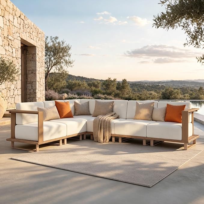 Sophia & William HDPE Patio Furniture Set，Modern Patio Sectional Sofa Set with 9.8" Cushions and High Back, L Shape Deep Seating Outdoor Conversation Set for Porch, Backyard(Beige, 6 Pieces)