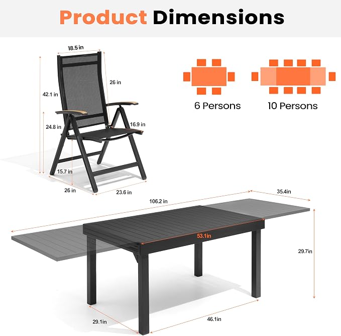 Pellebant 11 Pieces Aluminum Outdoor Dining Set for 6-10 Person, 53" - 106" Expandable Outdoor Dining Table and 10 Foldable Chairs, Weather Resistant Outdoor Furniture Set for Deck, Porch & Backyard