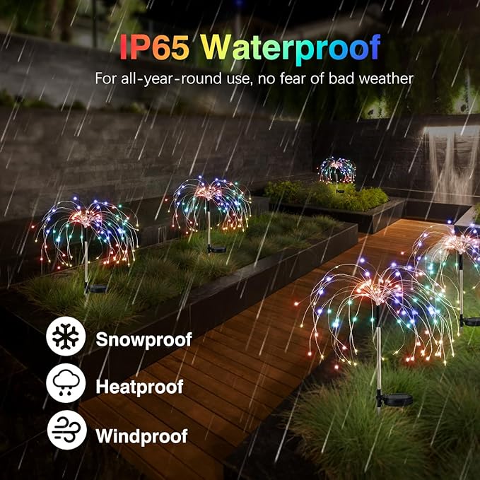 Lewondr Firework Solar Garden Lights, 120 LED Solar Firework Lights with 8 Lighting Modes, Waterproof Sparkler Starburst Solar Lights Outdoor for Yard Porch Patio Backyard Decor Present, 4 Pack