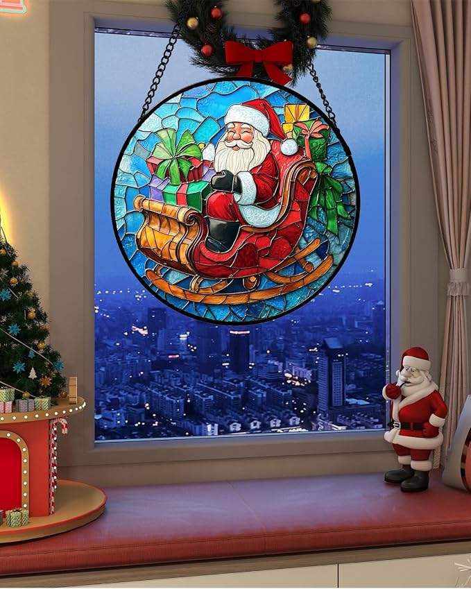 DASTOLL Stained Glass Window Hanging - Red Santa Claus Gift Box Suncatcher for Doors Home Christmas Decoration Winter Sun Catcher Thanksgiving New Year Birthday Gift for Women Men Mom Nana 6.3 in