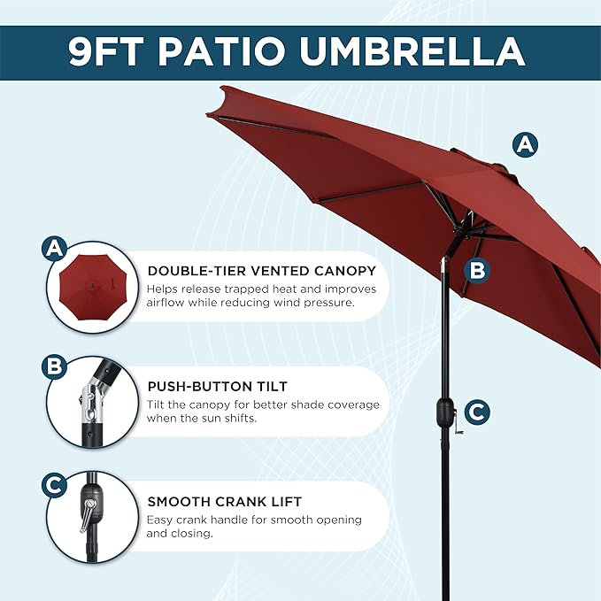 9FT Outdoor Patio Umbrella with Push Button Tilt and Crank, Market Umbrella, 8 Heavy-Duty Ribs, Outdoor Table Umbrella for Garden, Deck, Poolside & Backyard
