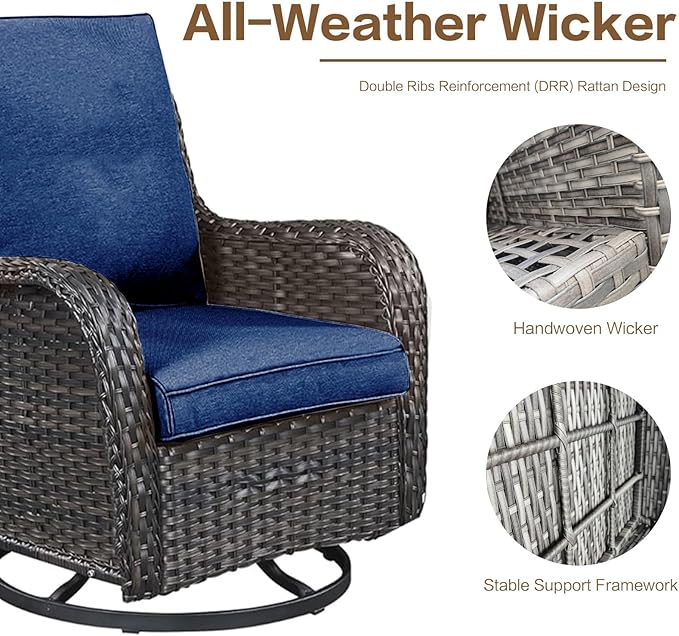 7 Pieces Outdoor Patio Furniture Conversation Set Rattan Wicker with Fire Pit Table, 3 Seat Sofa, 2 Swivel Rocker Chairs, 2 Ottomans and 1 Side Table for Yard Backyard BNB (Brown/Navy Blue)