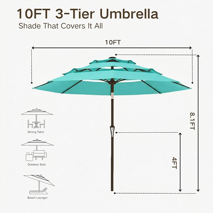 Kingdura 10ft 3-Tier Patio Umbrella, Outdoor Table Umbrella with Easy Crank & Tilt, 8 Reinforced Ribs, UV Protection for Deck, Pool, Market, Backyard (Tiffany blue)