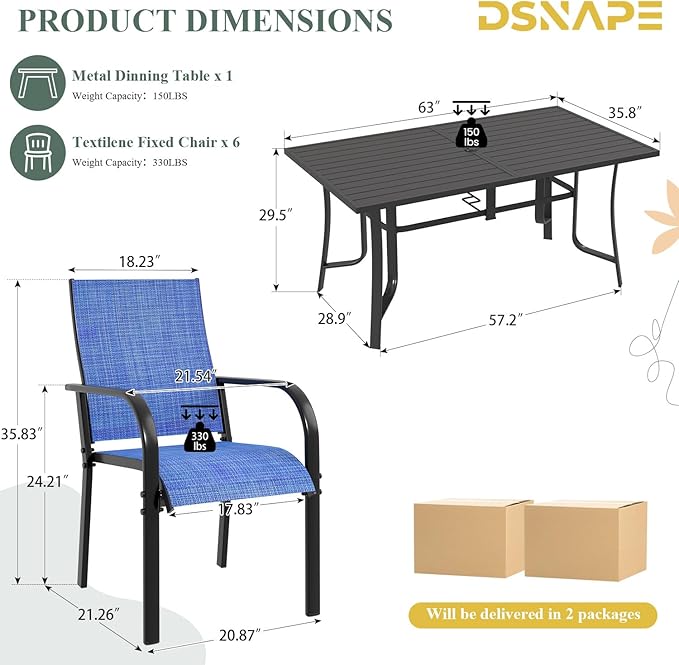 7 Pieces Patio Table and Chairs Set, 63" Metal Dining Table with Umbrella Hole & 6 Textilene Fixed Chairs, Dining Table Set for 6, Outdoor Furniture for Porch Deck Backyard Balcony, Blue