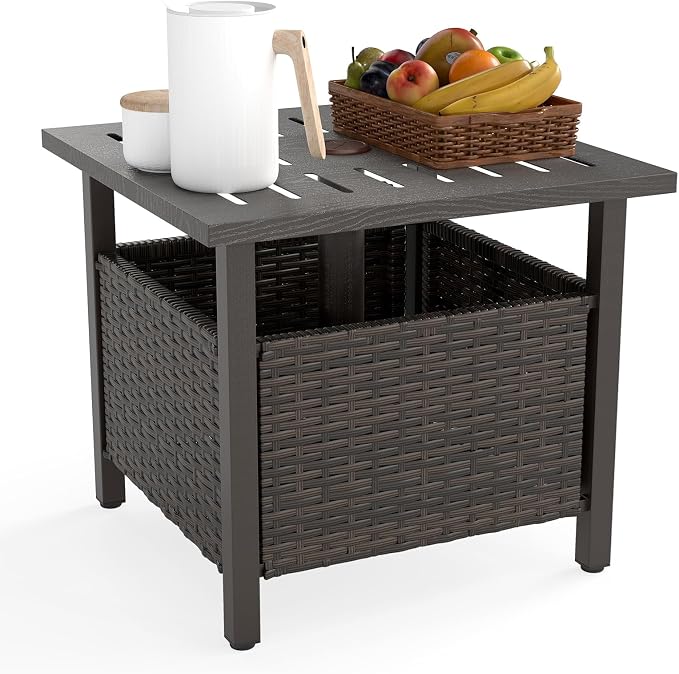 Outdoor Side Table with Umbrella Hole, Umbrella Table with Zinc-Iron Alloy Tabletop & Sturdy Galvanized Iron Frame, 22" Wicker End Table for Patio, Garden, Porch, Poolside(Mix Brown)