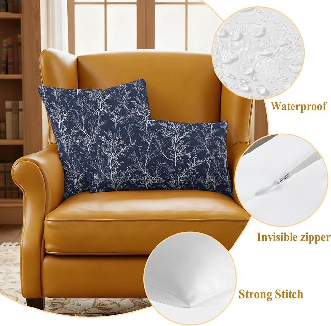 Navy Blue Branches Waterproof Outdoor Pillow Covers Set of 2 Home Decor, Abstract Art Leaves Plant Lumbar Pillowcase Patio Pillow Covers for Couch Bench Patio Furniture Garden 20x12in