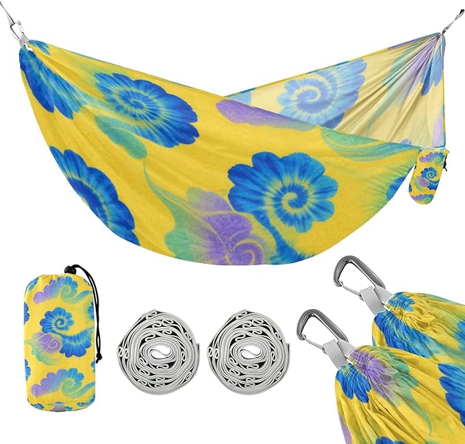 Irregular Tie-dye in Yellow and Blue Hammocks with Portabl Carry Bag Cloth Hammock for Patio Backyard Lounge Base