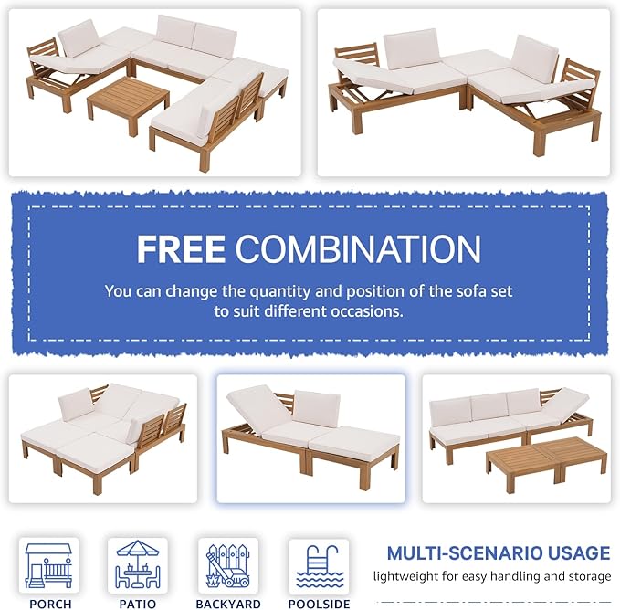SUNSITT 6 Piece Acacia Wood Patio Furniture Outdoor Sectional Sofa Set with Adjustable Armrest, FSC Certified L-Shaped Patio Set w/2-in-1 Coffee Table, Cream White Cushions for Garden