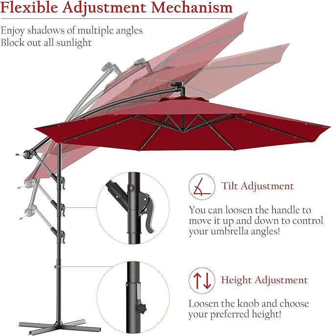 Tangkula 10FT Outdoor Patio Umbrella Solar LED Lighted Sun Shade Market Umbrella with Hanging Cover and Cross Base (Burgundy)