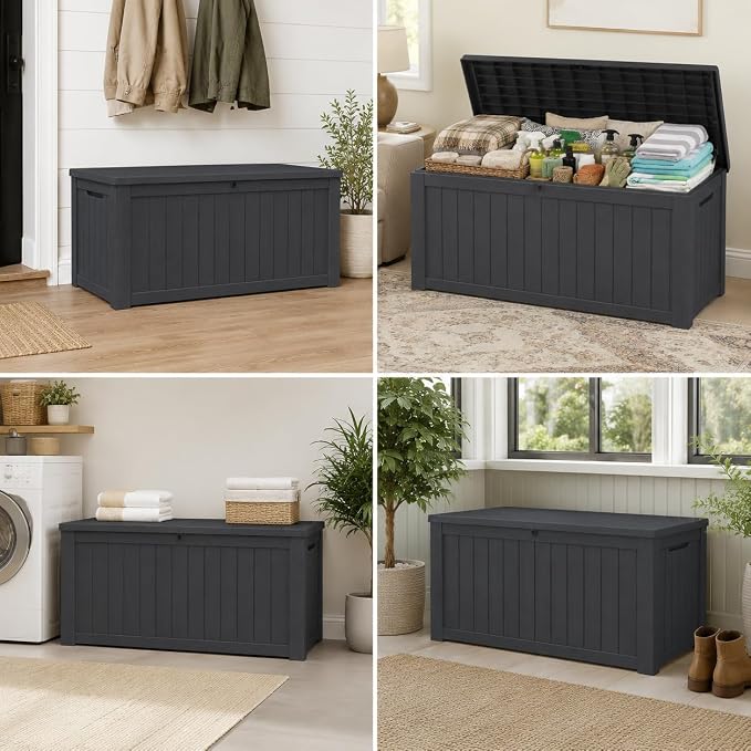 Outdoor Deck Patio Storage Box - 140 Gallon Large Outdoor Deck Box, Plastic Storage Bin with Lid, Outside Toy Box & Pool Storage Container for Cushions, Garden Tools, Towel, Black