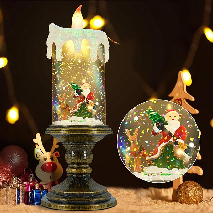 AOMIL Christmas Flameless Candles, Flickering Flameless Candles with Timer, Christmas LED Candles Battery Operated, Snow Globe Candle Light for Christmas Decorations