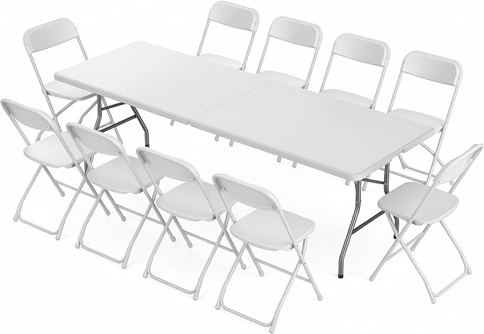 Sweetcrispy 8 FT Folding Picnic Table with 10 White Folding Chairs, Easy to Fold and Store, Foldable Table for Camping Picnic Dining Party Kitchen Outdoor Indoor with Carrying Handle