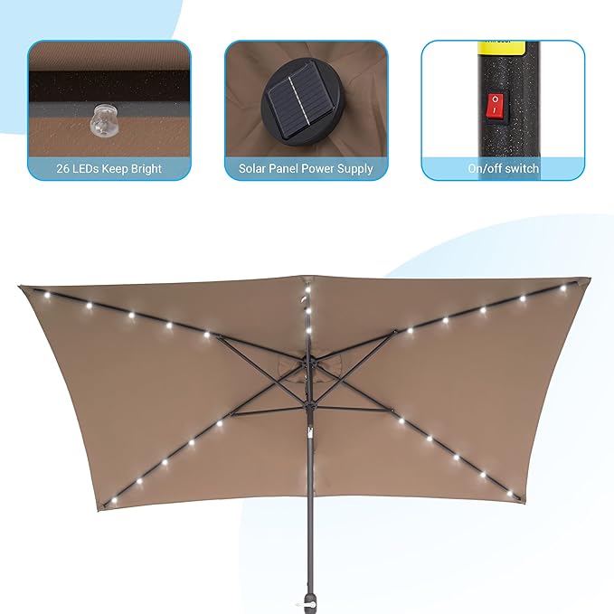 Rectangle Patio Umbrella with Solar Lights, 10 x 6.5ft Rectangular Outdoor Umbrella Table Market Patio Umbrella with Push Button Tilt and Crank for Garden, Deck, Backyard, Pool