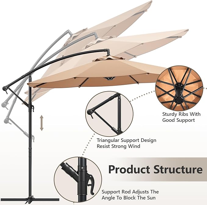 10FT Patio Umbrella, 360° Rotation Offset Cantilever Umbrella with Crank Tilt Fabric Canopy, UV & Water Resistant Outdoor Shade Hanging Umbrellas for Pool Deck Backyard Garden