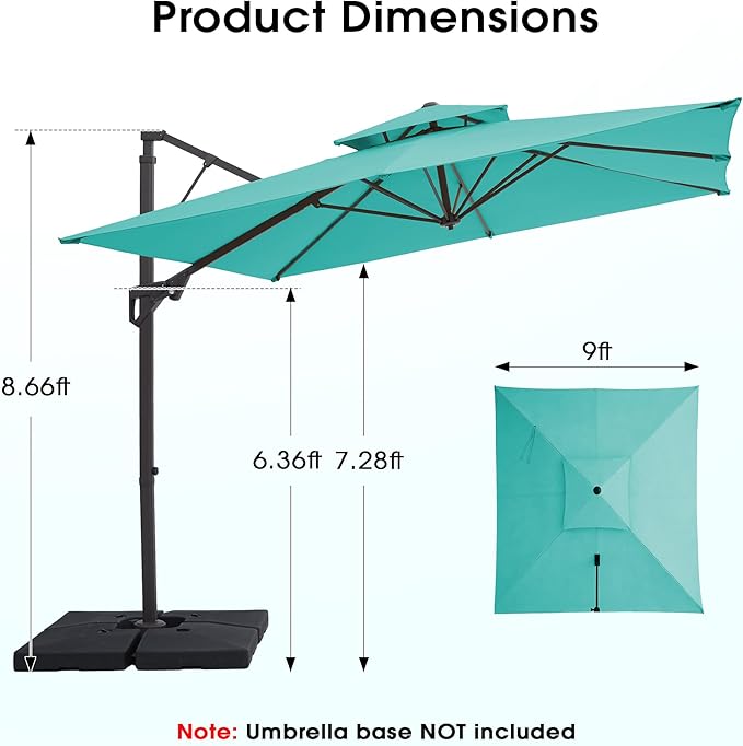 JEAREY 9ft 2-Tier Cantilever Patio Umbrella, Large Square Outdoor Offset Umbrella with Double Top Vent and 360-degree Rotation for Garden, Deck, Pool, Patio, Peacock Blue