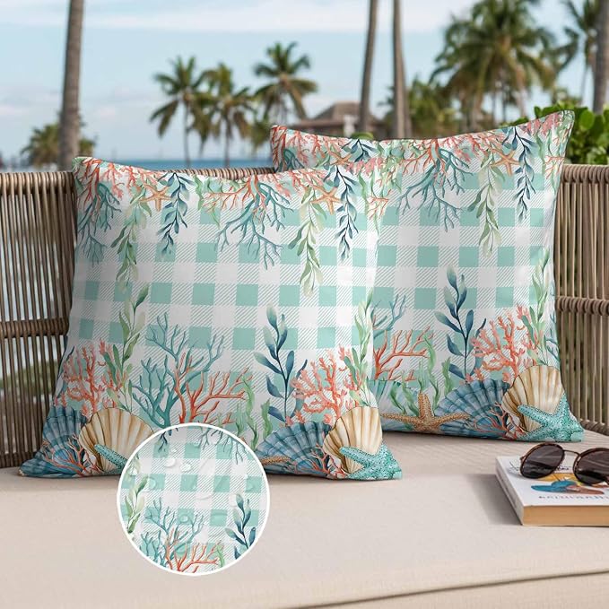 Throw Pillow Covers 24x24 Inch Set of 2, Summer Coastal Waterproof Outdoor Pillow Covers, Watercolor Corals Shells Starfish Green Plaid Decorative Cushion Pillowcases for Couch, Sofa, Bed, Patio