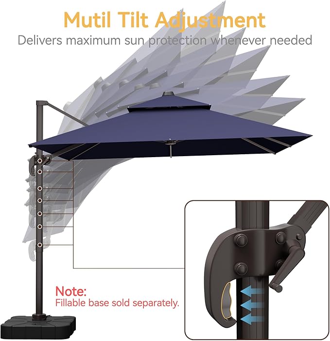 10x10 FT Patio Umbrella, Large Cantilever Double Top Heavy Duty Offset Umbrellas with 360° Rotation, Outdoor shade for Garden Deck Pool, Navy