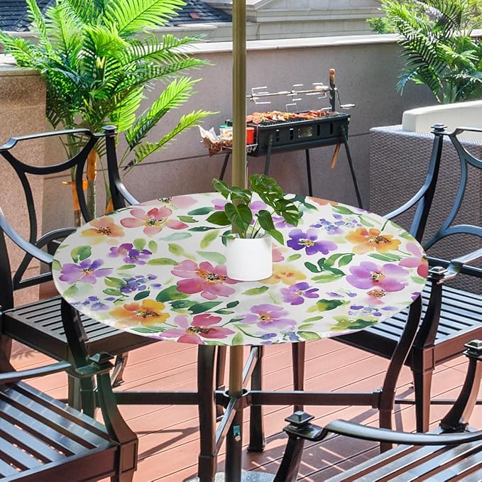 OSAM SPACE Outdoor Tablecloth with Umbrella Hole, Round Elastic Fitted Table Cloth with Invisible Zipper,Watercolor Flowers Picnic Patio Table Cover 45-56in