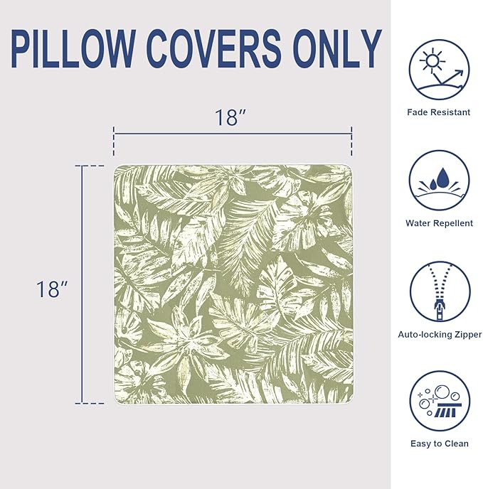 Outdoor Throw Pillow Covers Pack of 2, Decorative Water Repellent Square Pillow Cases with Piping 18x18 Inch, Tropical Leaf Green