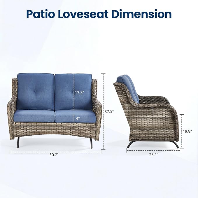 Patio Loveseat Sofa, Outdoor Wicker Loveseat with Luxury Thick Cushion, All-Weather Patio Furniture Set, Outdoor Glider Bench for Garden Balcony Backyard(Grey Wicker/Blue Cushion)