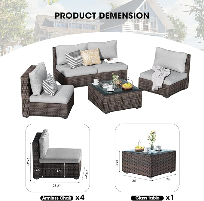5 Piece Patio Furniture Set All Weather PE Rattan Outdoor Sectional Sofa Couch with No-Slip Cushions and Glass Top Table for Garden, Poolside, Backyard (Gray)