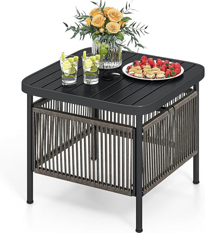 Tangkula Outdoor PE Rattan Side Table with 1.57” Umbrella Hole, Square Patio End Table with Metal Frame, Small Bistro Coffee Table for Porch, Balcony, Garden and Backyard (1)