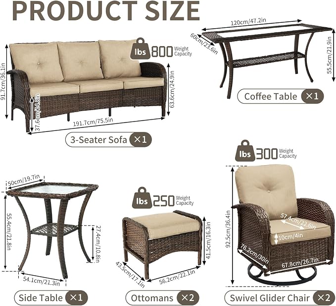 Outdoor Swivel Rocker Patio Chairs (Brown Wicker/Khaki Cushion, 7PC/Sofa & Swivel &2 Table & Ottomans)