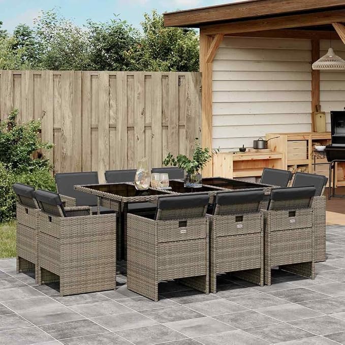 Gray 11 Piece Patio Dining Set with Cushions Poly Rattan Outdoor Table and 10 Chairs Foldable Space Saving for Garden Backyard Relaxation Tempered Glass Top UV Proof 242.5 lb Load Capacity