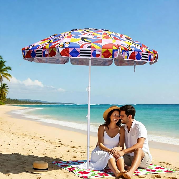 LOTTAFUN 6ft Beach Umbrella - Heavy Duty Wind Resistant UV 50+ Portable Sun Shade with Sand Anchor & Carry Bag, Outdoor Folding Umbrella for Beach, Pool, Patio, Garden (Print Flower) No tilt The sand needs to exceed the spiral 6inch