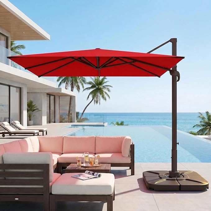 Kingdura 9' X 9' Cantilever Patio Umbrella with Base Included, Large Square Outdoor Offset Umbrella with 360-degree Rotation, 4 Position Tilt, UV Protection for Pool Deck Garden Patio (Red)