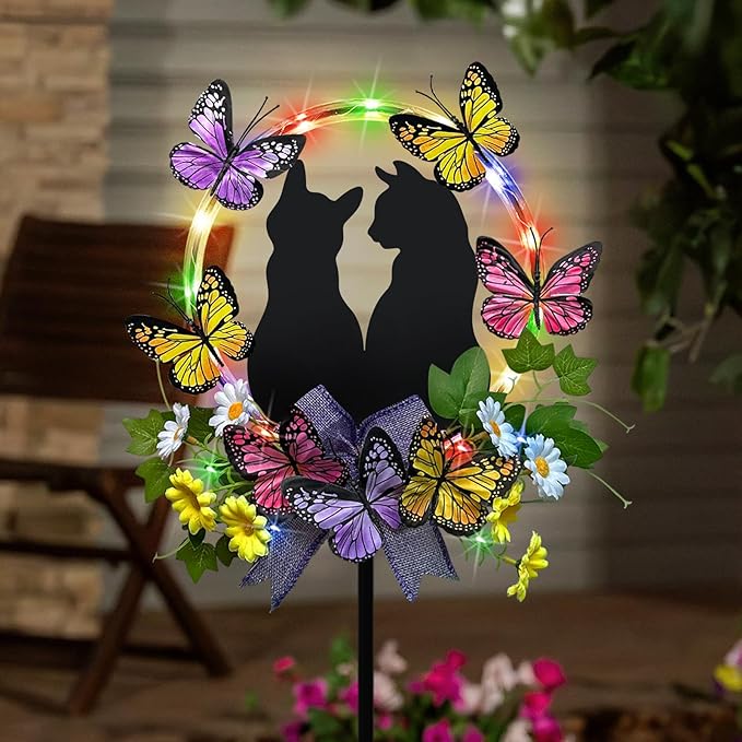Cat Solar Lights Outdoor Garden,Colorful LED Light with Black Cat Decorations and Butterfly Flowers Yard Stakes for Pathway,Lawn,Patio,Gifts for Women