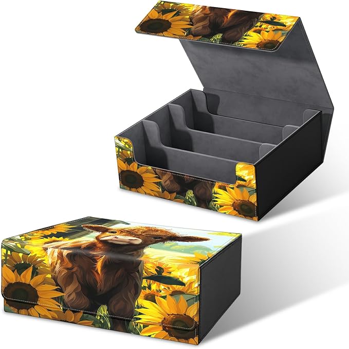 Large Card Deck Box for MTG, Fits 1200+ Sleeved Cards, PU Leather Storage Case with Strong Magnetic Closure, Multiple Colors for TCG CCG Baseball Card Collections, Sunflower Baby Cow