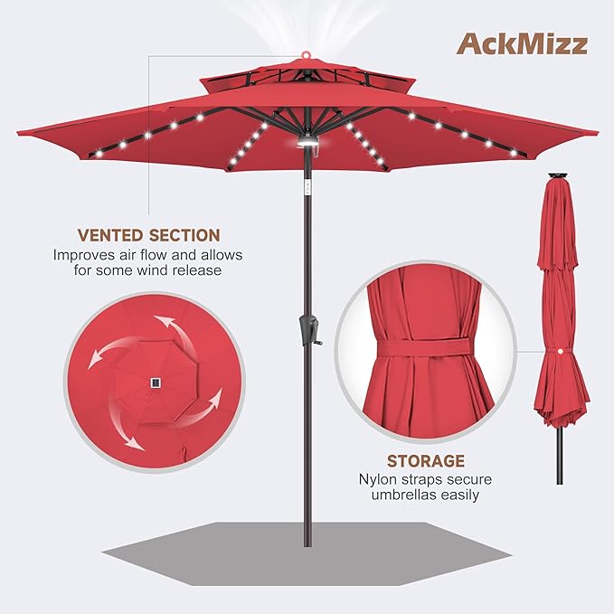 9ft Solar Umbrella Outdoor - 2 Tiers Lighted Solar Patio Umbrella with 40 LED Lights Waterproof UV Protection, Table Umbrella with Tilt for Pool, Porch, Garden, Backyard (Red)