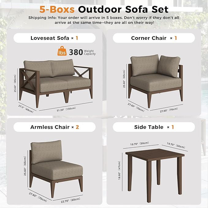 Aluminum Outdoor Furniture Set,5-Seats Conner Patio Sectional Conversation Sofa with 5.2" All-Weather Cushions and Coffee Table,Patio Furniture Set for Deck, Porch, Garden (Brown)