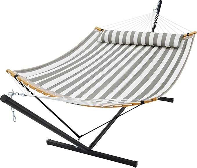 SUPERJARE Curved-Bar Hammock with Stand, 2 Person Heavy Duty Hammock Frame, Detachable Pillow & Portable Carrying Bag, Perfect for Outdoor & Indoor, Black and White Stripe