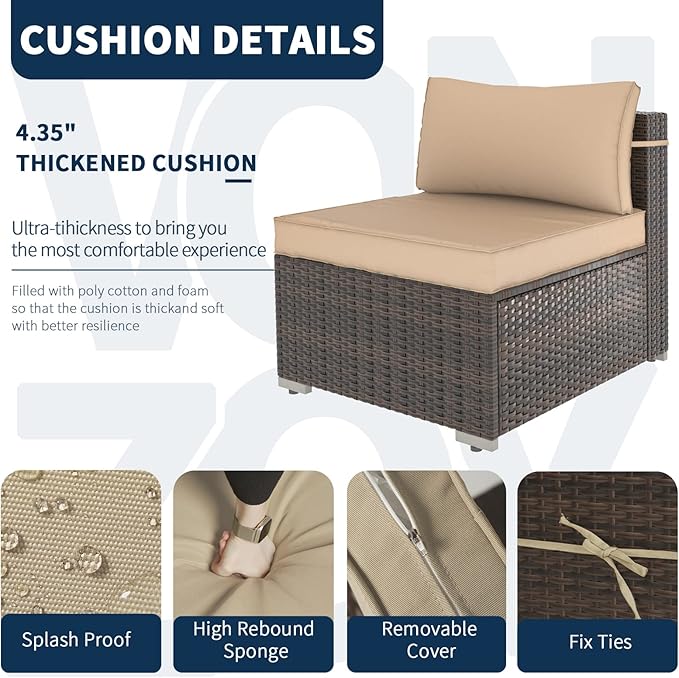 Outdoor Patio Furniture Set 7 Pieces Sectional Rattan Sofa Set, PE Rattan Wicker Patio Conversation Set with 6 Seat Cushions and 1 Tempered Glass Table and Furniture Cover, Brown