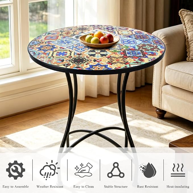 24 Inch Mosaic Patio Round Side Table with X-Curved Legs Indoor and Outdoor Accent End Table for Yard, Garden, Living Room, Bistro, B - Multicolor Talavera