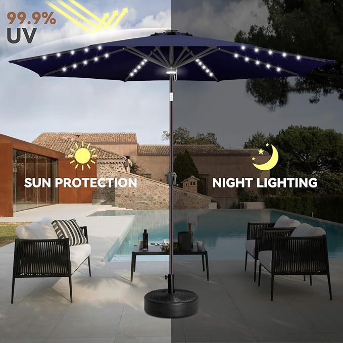 10ft Solar Umbrella Outdoor - Lighted Solar Patio Umbrella with 40 LED Lights Waterproof UV Protection, Table Umbrella with Tilt for Pool, Porch, Garden, Deck, Backyard (Navy Blue)