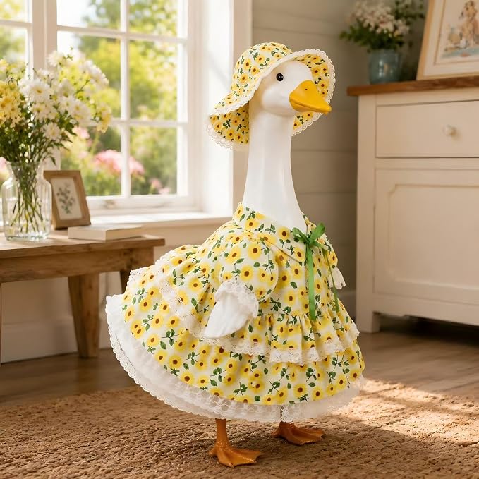 Porch Goose Outfit - Sunflower Dress & Lace Hat Set for 23 Inch Goose Statue,Spring Summer Outdoor Lawn Yard Decor, Home Porch Decoration