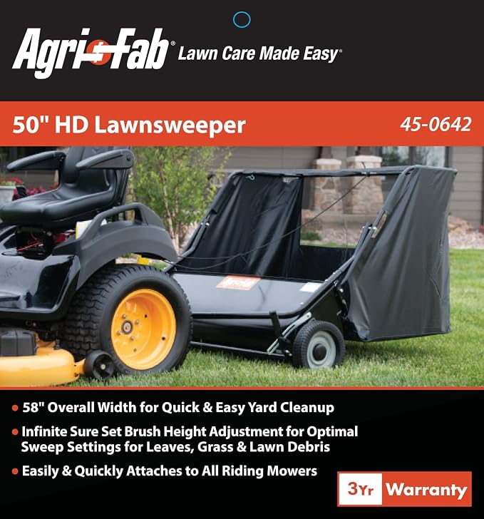 Agri-Fab Heavy Duty Tow Behind Lawn Sweeper, 50 in Working Width with 26 Cu Ft Hopper and Adjustable Brush Height