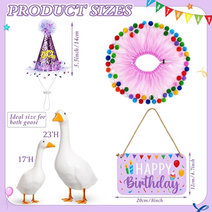 3 Pcs Happy Birthday Porch Goose Outfit Lawn Goose Cloth Costume for 23" Cement Plastic Patio Yard Statue Outdoor (Purple,Tutu Skirt)