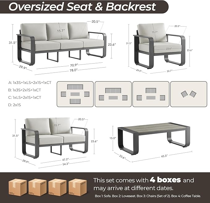 CHITA Aluminum Patio 3-Seater Sofa with Thickened Olefin Fabric Cushion for Backyard, Garden, Balcony and Poolside