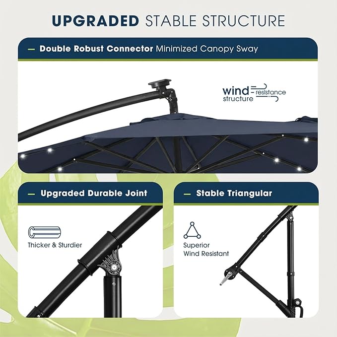 wikiwiki 10ft Solar Offset Patio Umbrella, Outdoor Cantilever Patio Umbrellas with Solar LED Lights for Backyard, Poolside and Garden, Easy Tilt Adjustment, 32 LED Lights & Polyester Shade, Navy Blue