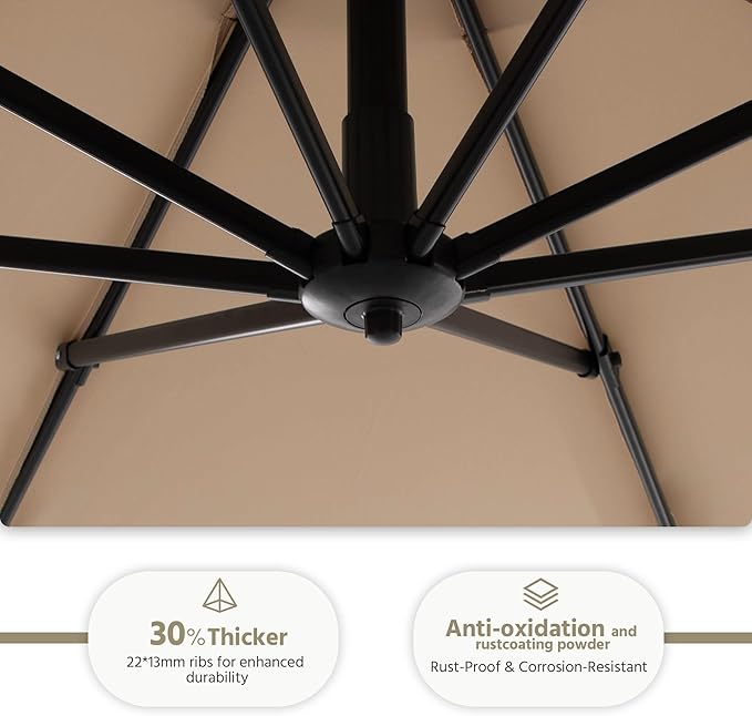 LAUSAINT HOME 10FT Round Outdoor Cantilever Umbrella, Offset Patio Umbrella with 360° Rotation & 5-Angle Adjustment, Aluminum Pool Umbrella for Garden Deck, Khaki
