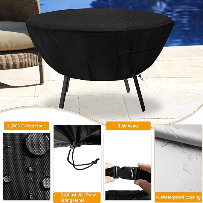 Round Patio Table Cover,Suitable for 42 Inch Diameter Patio Round Table,Waterproof Heavy Duty Round Outdoor Coffee Table Cover,Black