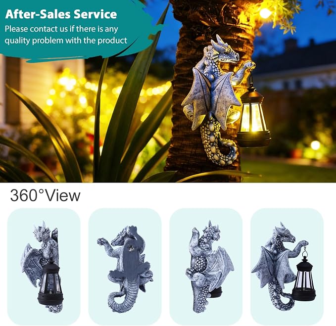 Goodeco Dragon Tree Hugger Solar Lantern Garden Statue - 2 Pack 9.3 Inch Resin Dragon Decor for Outdoor, Perfect Garden Gift & Yard Decor (Grey, 2-Pack)