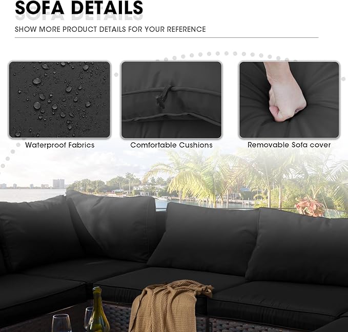 11 Piece Patio Furniture Set All Weather PE Rattan Outdoor Sectional Sofa Couch with No-Slip Cushions and Glass Top Table for Garden, Poolside, Backyard (Black)